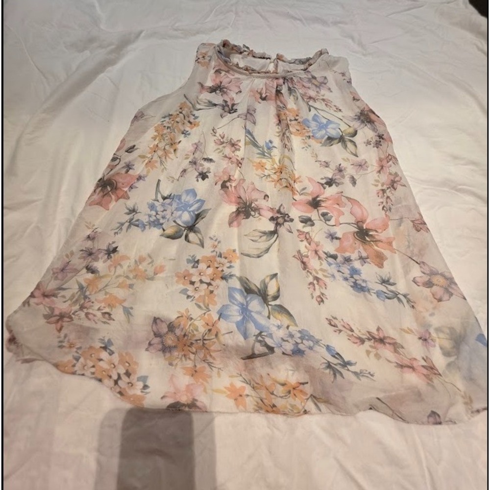 Elena Baldi Made in Italy Floral Sleeveless Blouse Ruffle Neck White Pastel Top